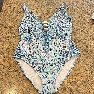 Lilly Pulitzer Blue and White One Piece Swimsuit with Plunging V-Neckline